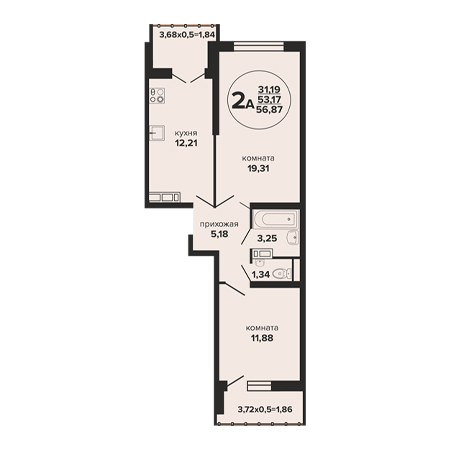 2 комнатная 56.87м²