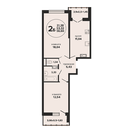 2 комнатная 56.6м²