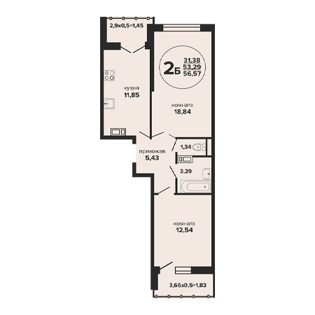 2 комнатная 56.57м²