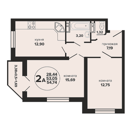 2 комнатная 54.74м²