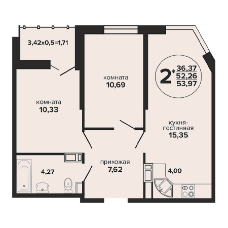 2 комнатная 53.97м²