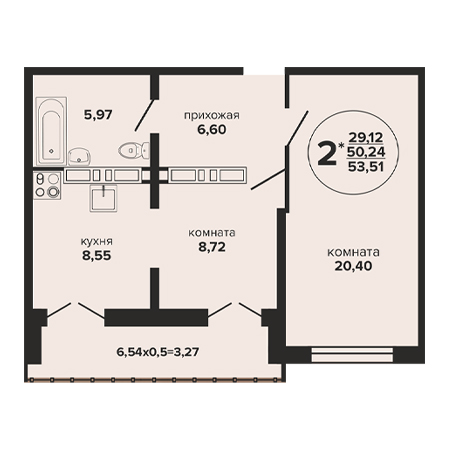 2 комнатная 53.51м²