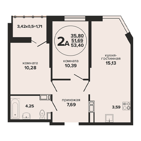 2 комнатная 53.4м²