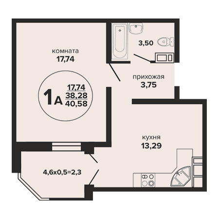 1 комнатная 40.58м²