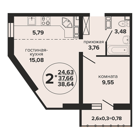 1 комнатная 38.64м²