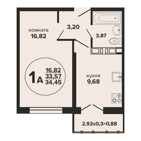 1 комнатная 34.45м²