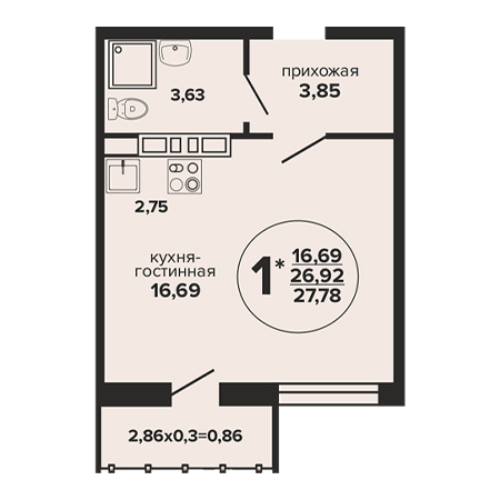 Студия 27.78м²