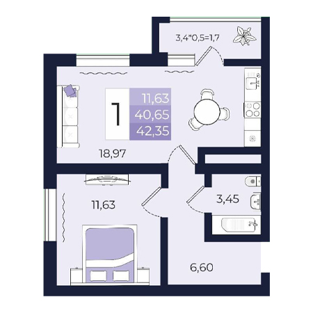 1 комнатная 42.35м²