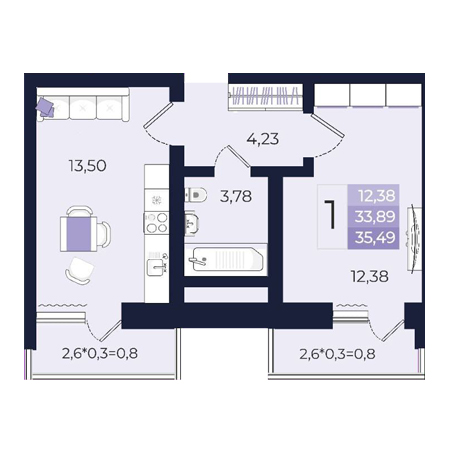 1 комнатная 35.49м²