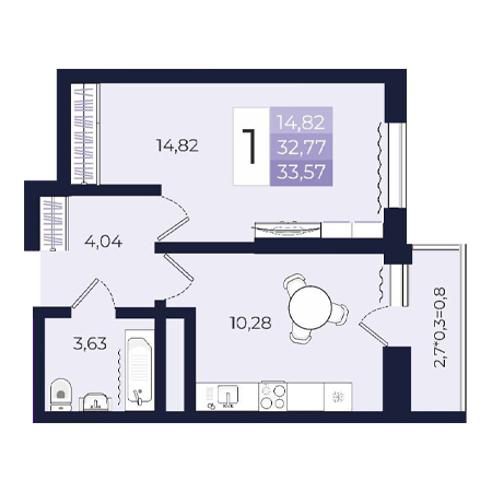 1 комнатная 33.57м²