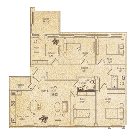 4+ комнат 152м²