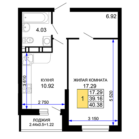 1 комнатная 40.38м²