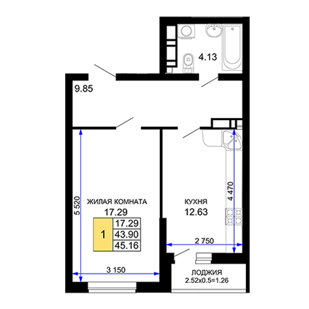 1 комнатная 45.16м²