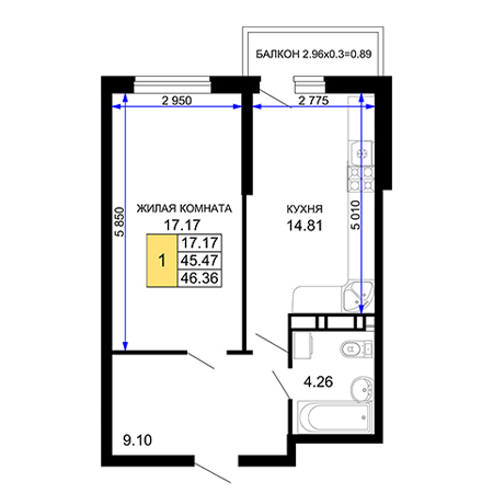 1 комнатная 46.36м²