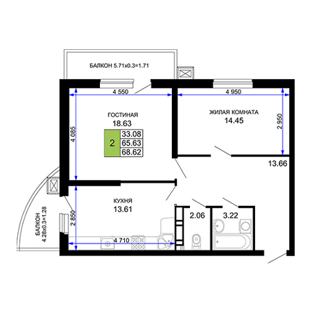 2 комнатная 68.62м²