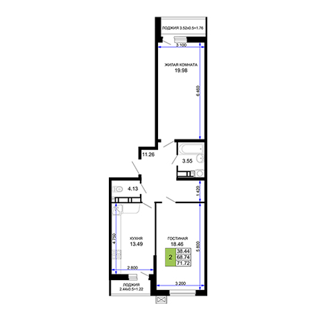 2 комнатная 71.72м²