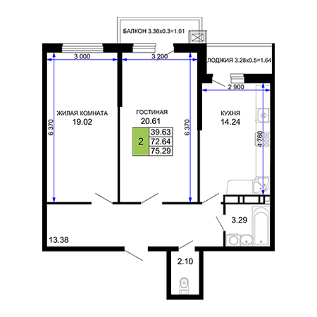 2 комнатная 75.29м²