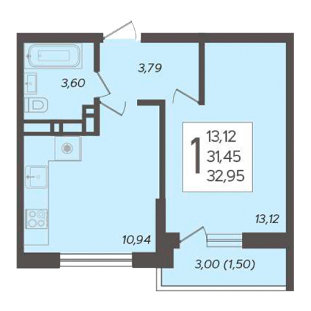 1 комнатная 32.95м²