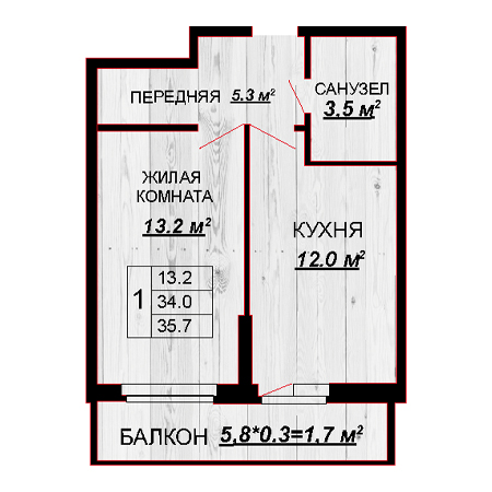 1 комнатная 35.7м²