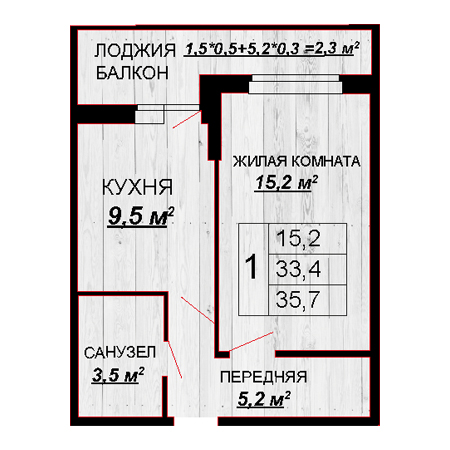 1 комнатная 35.7м²