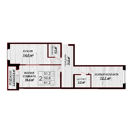 2 комнатная 61.2м²