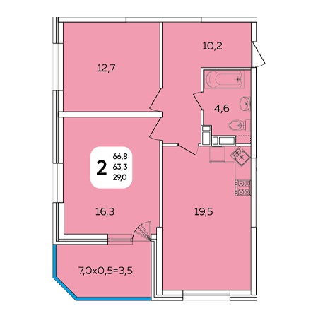 2 комнатная 66.8м²