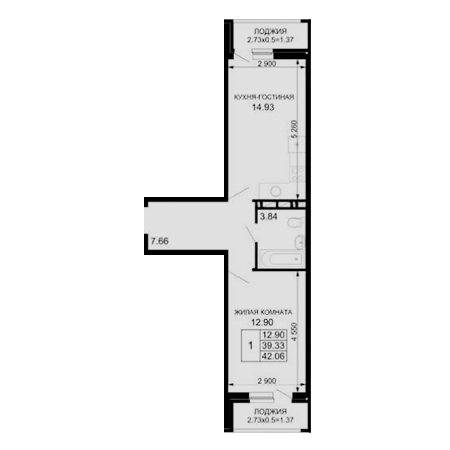 1 комнатная 42.06м²