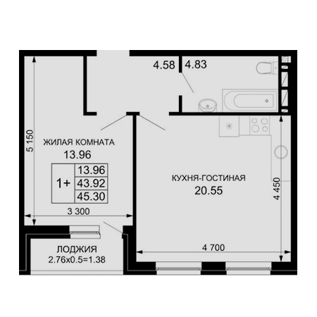 1 комнатная 45.3м²