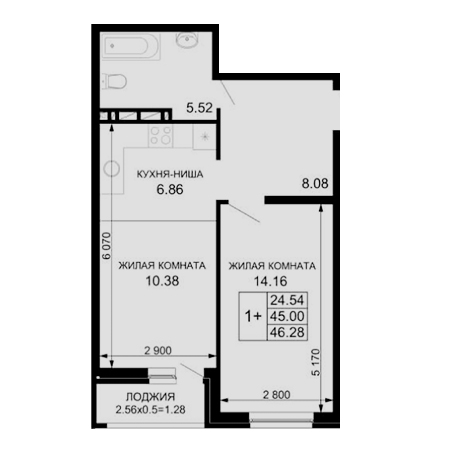 1 комнатная 46.28м²