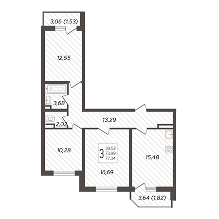 2 комнатная 77.34м²