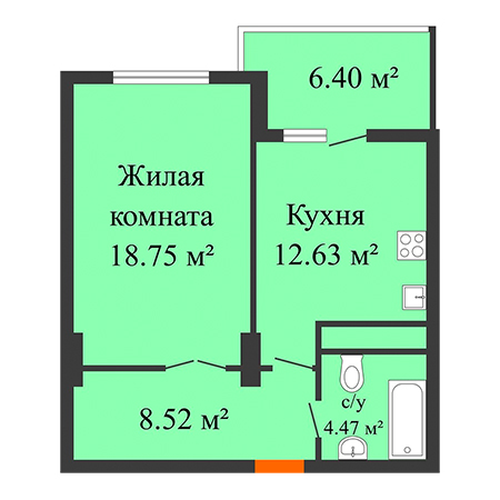 1 комнатная 47.57м²