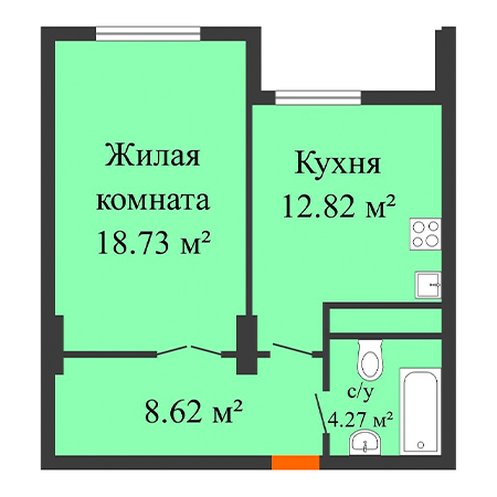 1 комнатная 44.44м²