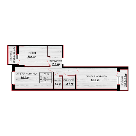 2 комнатная 55.7м²