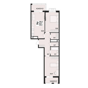 2 комнатная 65.5м²