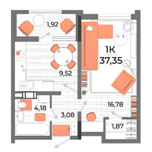 1 комнатная 37.35м²