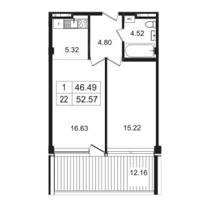 1 комнатная 52.57м²