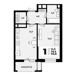 1 комнатная 40.8м²