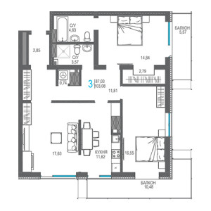 3 комнатная 103.08м²