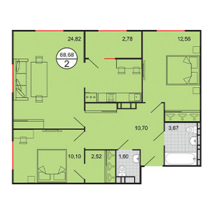 2 комнатная 68.68м²