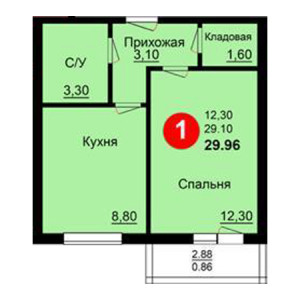 1 комнатная 29.96м²