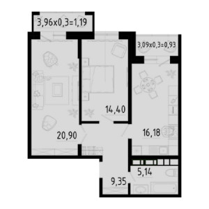 2 комнатная 68.71м²