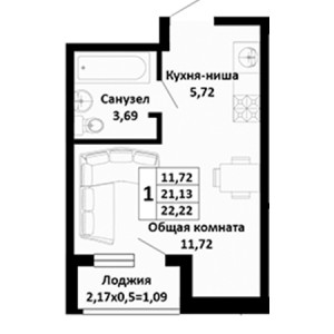 Студия 22.22м²