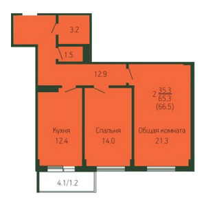 2 комнатная 66.5м²