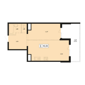 1 комнатная 45.58м²