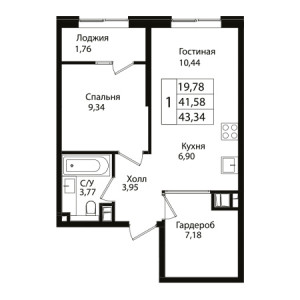 1 комнатная 43.34м²