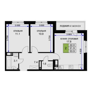 2 комнатная 53.9м²