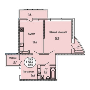 1 комнатная 62.6м²