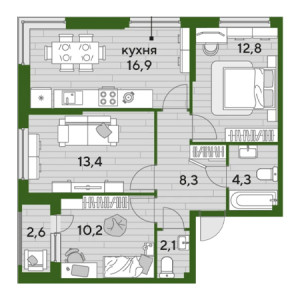 3 комнатная 70.6м²