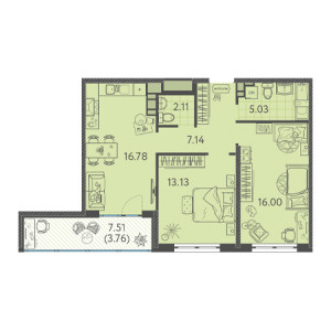 2 комнатная 63.95м²