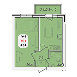 1 комнатная 34.4м²